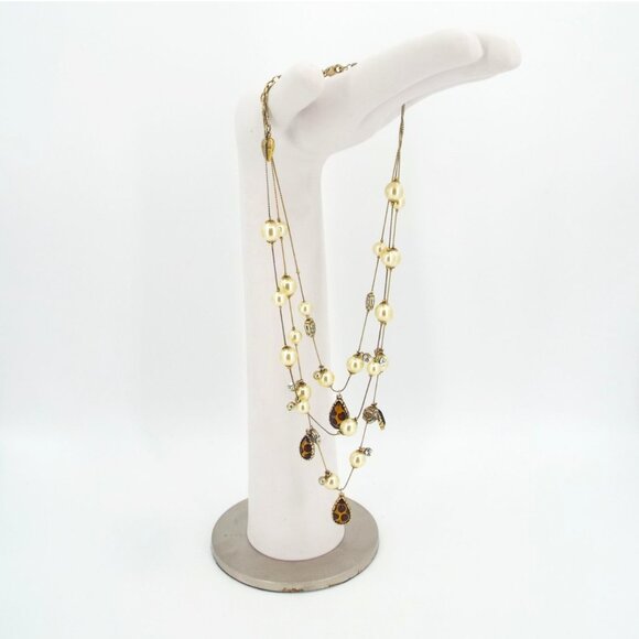 Betsey Johnson Triple Strand Necklace Faux Pearls Animal Print Rhinestone - Picture 1 of 9